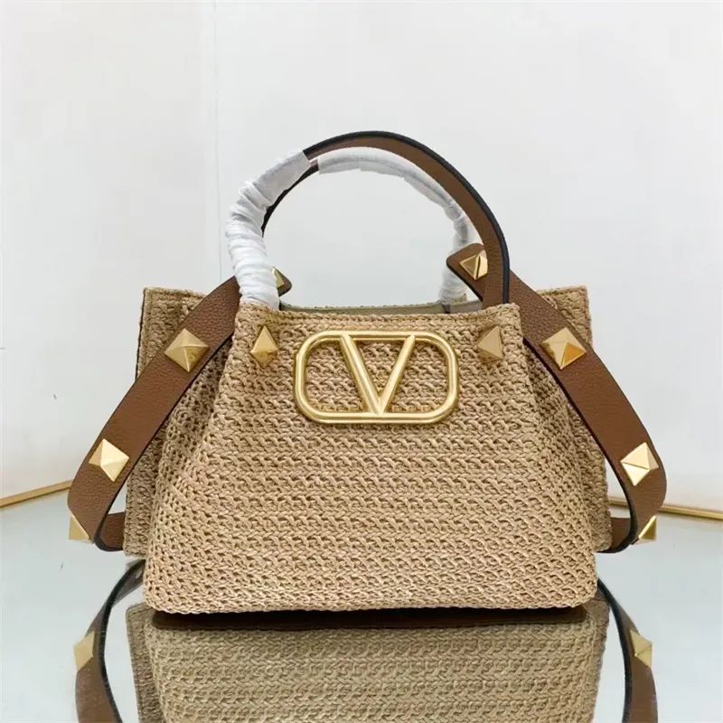 Large capacity Vlogo Straw weave beach bag rivet designer handbag Women Raffias crossbody Shoulde... | DHGate