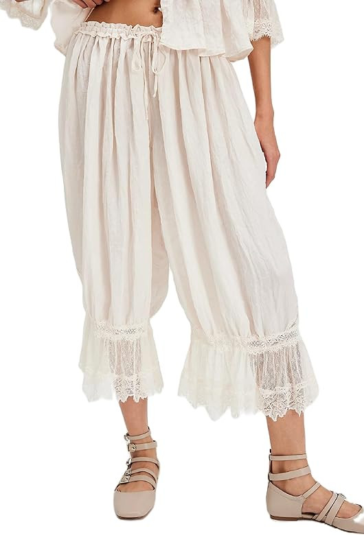 Women Y2k Lace Trim Long Bloomer Pants Smocked Elastic Waist Pantaloons Cropped Slip Pants Lounge... | Amazon (US)