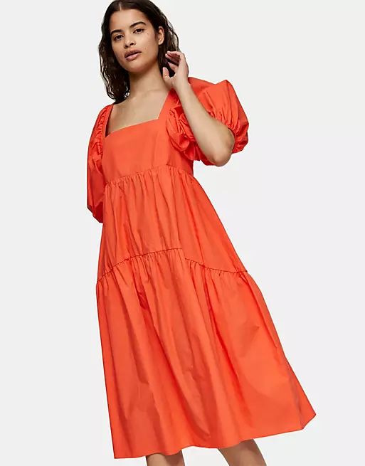 Topshop tiered poplin midi smock dress in orange | ASOS (Global)