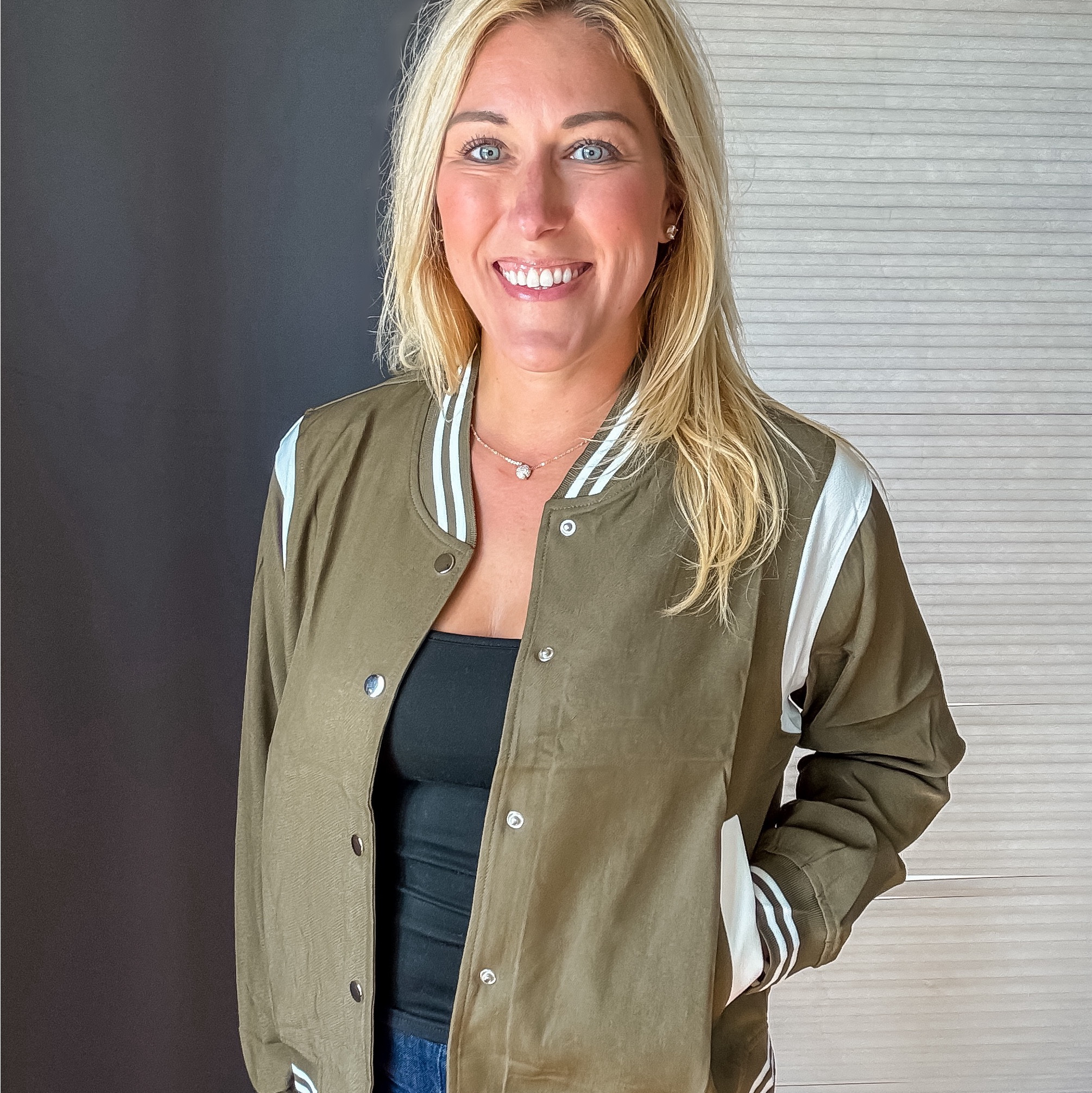 This cute little bomber jacket is perfect for that in-between fall weather when you just want something casual but pulled together.