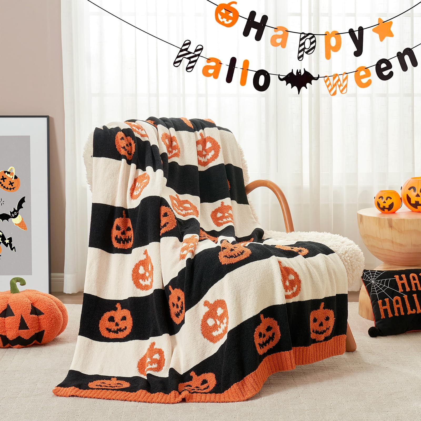 Snuggle Sac Halloween Throw Blanket Orange Pumpkin Blanket, Black Striped Halloween Throw Blanket... | Amazon (US)