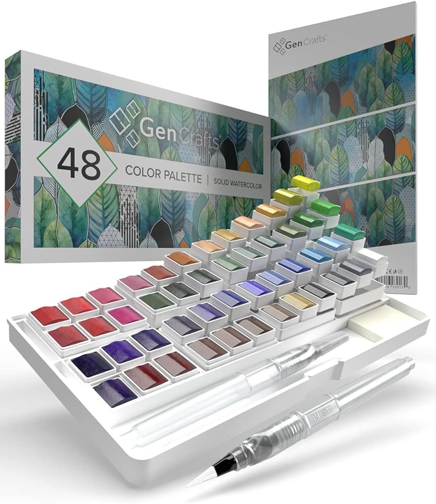 GenCrafts Watercolor Paint Palette 48 Premium Colors with Paper Pad - 2 Refillable Brush Pens - 15 Sheets of Water Color Paper | Amazon (US)