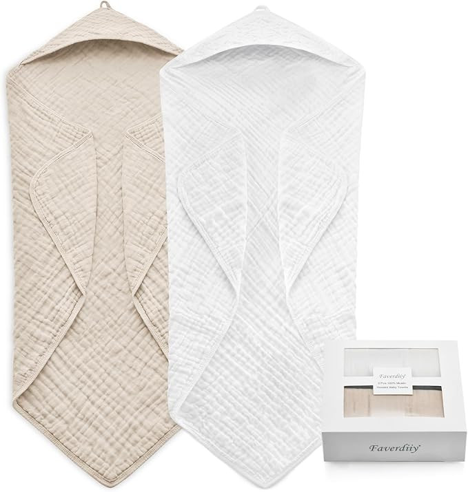 Newborn Hooded Baby Towels, 35x35 Inch 2 Pack 100% Muslin Cotton Baby Bath Towel, Soft Baby Beach... | Amazon (US)