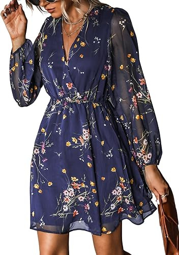 CUPSHE Women's Mini Dresses Casual Spring V Neck Chiffon Long Peasant Sleeves Flowy Spring Dress | Amazon (US)