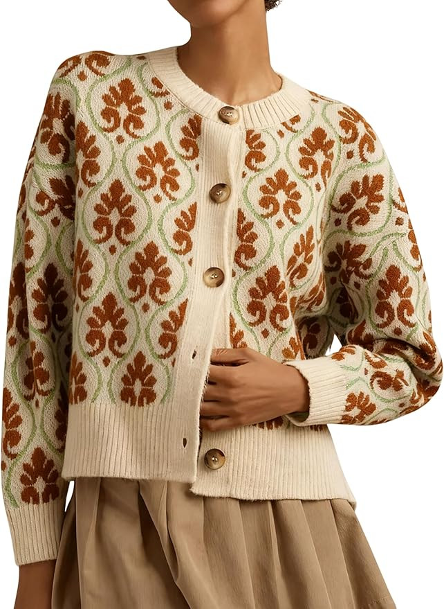 Women Floral Cardigan Sweater Open Front Long Sleeve Button Down Knit Sweater Vintage Outerwear | Amazon (US)