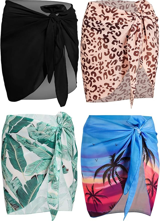 4 Pieces Women Chiffon Short Sarongs Cover Ups Beach Swimsuit Wrap Skirt, 4 Colors | Amazon (US)