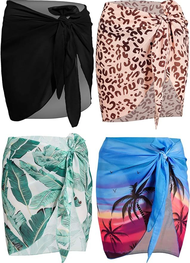 4 Pieces Women Chiffon Short Sarongs Cover Ups Beach Swimsuit Wrap Skirt, 4 Colors | Amazon (US)