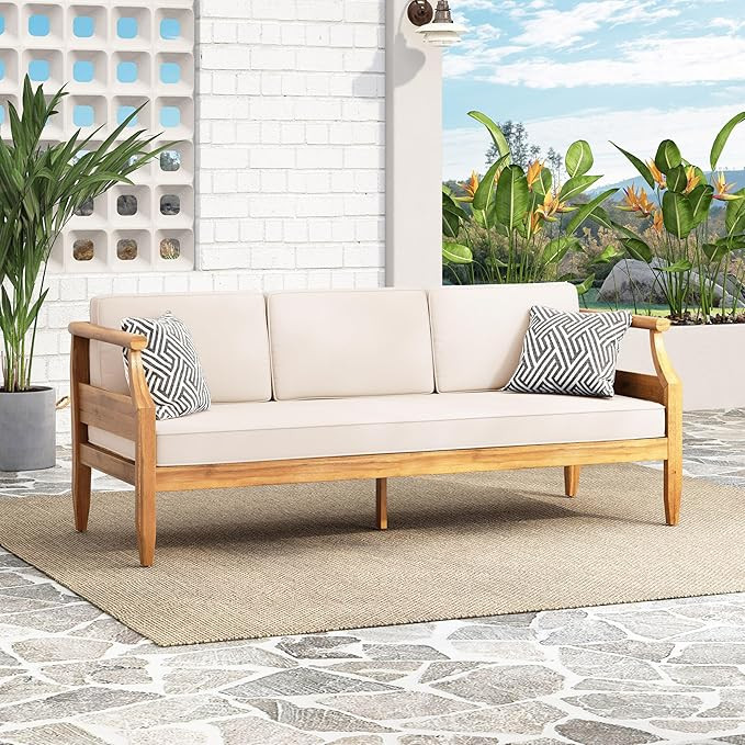 Christopher Knight Home Aston Outdoor 3 Seater Sofa, Upholstered Cushion Couch, Acacia Wood Bench... | Amazon (US)