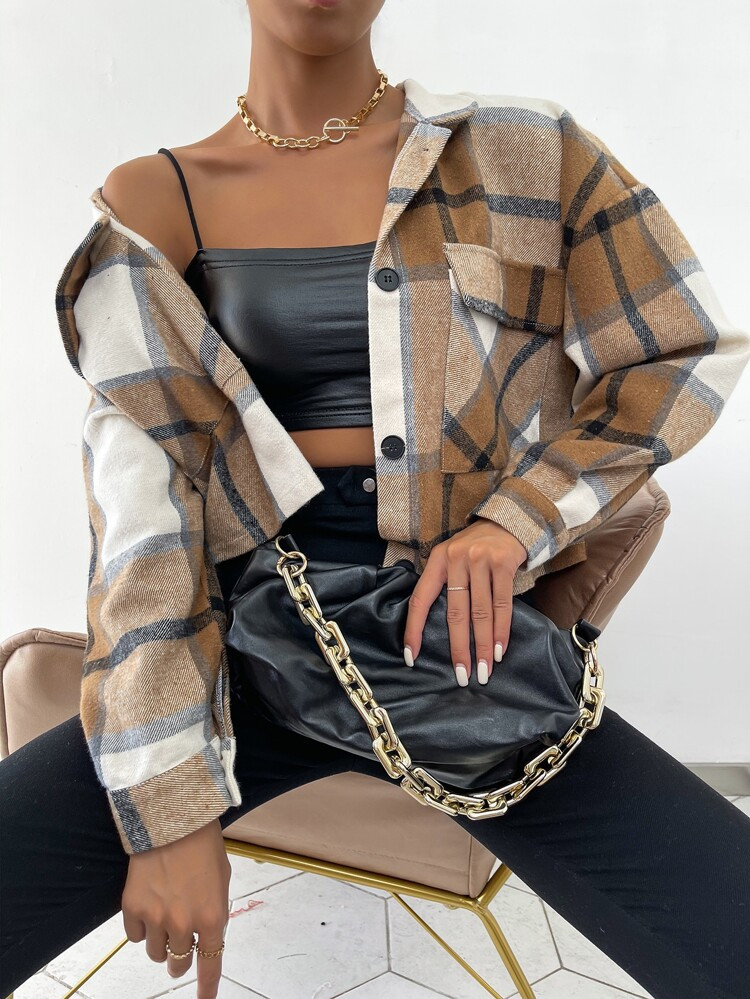 Plaid Flap Pocket Drop Shoulder Jacket | SHEIN