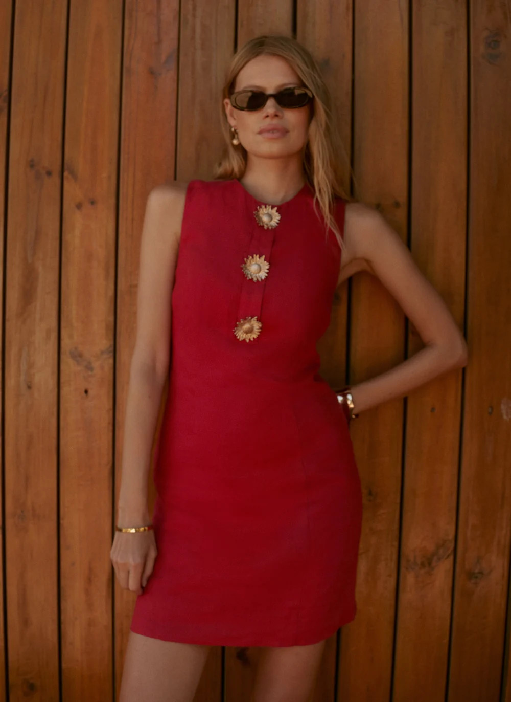 Red Linen Sunray Button Mini Dress | Mint Velvet - UK