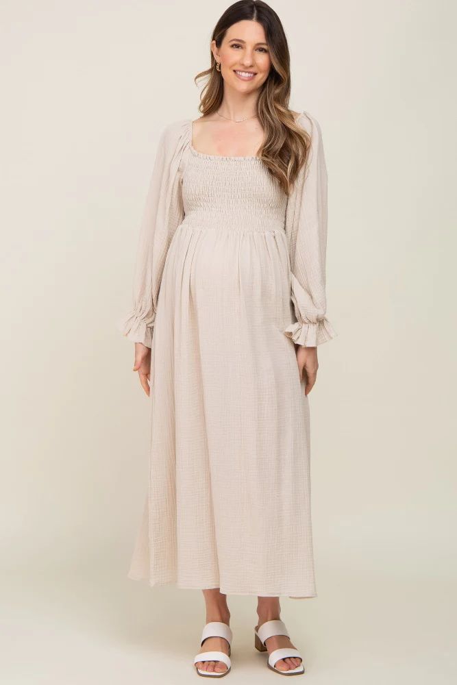 Beige Gauze Smocked Maternity Midi Dress | PinkBlush Maternity