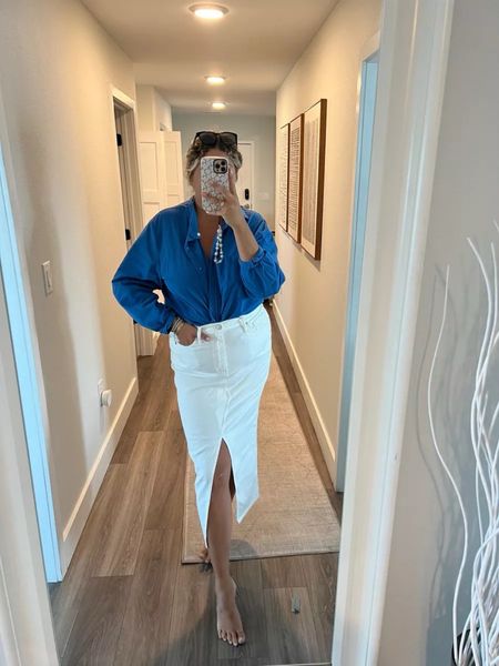 Summer outfit, spring outfit, work wear, Revolve outfit, blue button up top, white denim midi skirt, summer outfit, midsize fashion, work outfit

#LTKmidsize #LTKstyletip #LTKworkwear