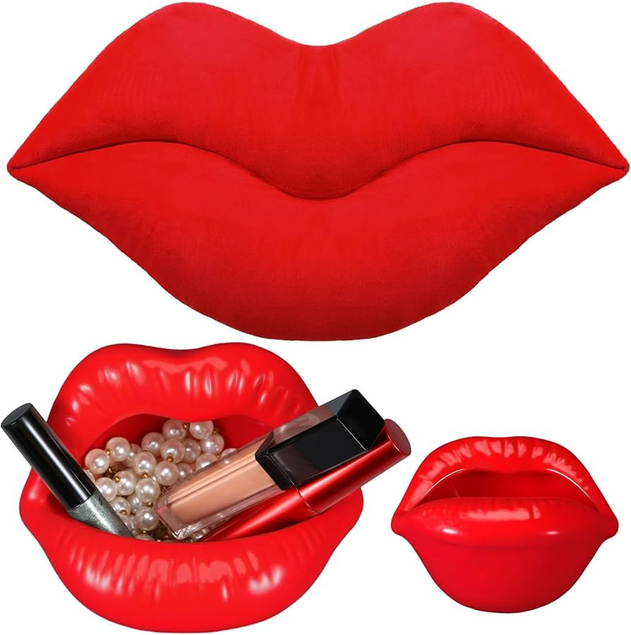 Kigley 2 Pcs 23.62 Inch Lips Shaped Decorative Pillows and Small Ceramic Lips Jewelry Storage Dis... | Amazon (US)