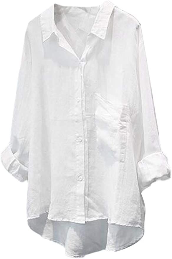 FTCayanz Women's Casual Linen Blouses Tops V Neck Long Sleeve Button Down Shirts | Amazon (US)