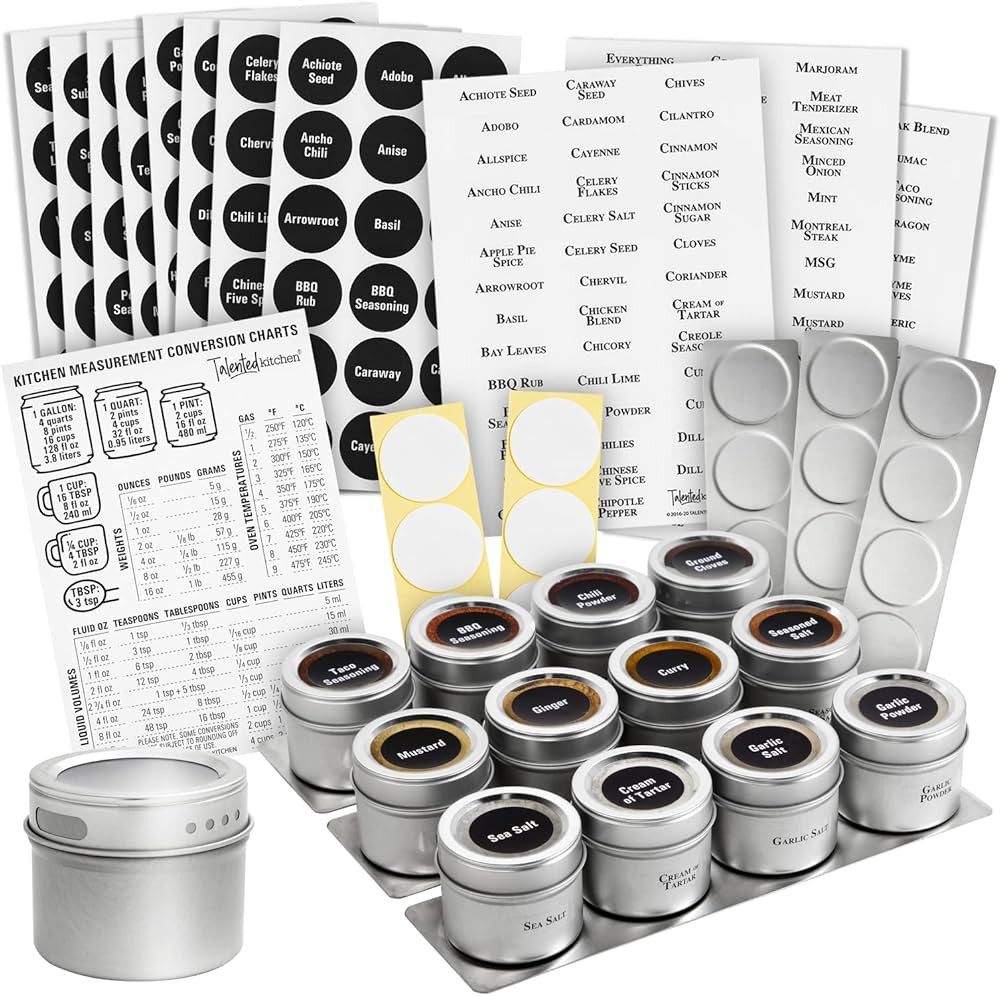 Talented Kitchen 12 Magnetic Spice Jars with 3 Metal Wall Bases for Refrigerator, 269 Preprinted ... | Amazon (US)