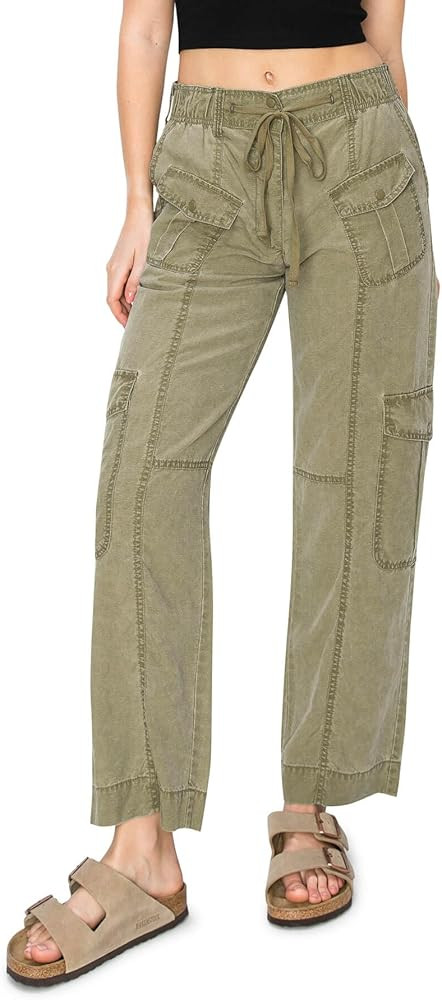 Cali1850 Women's Relaxed Fit Comfortable Mid Rise Washed Linen Straight Leg Cargo Pants with Elas... | Amazon (US)
