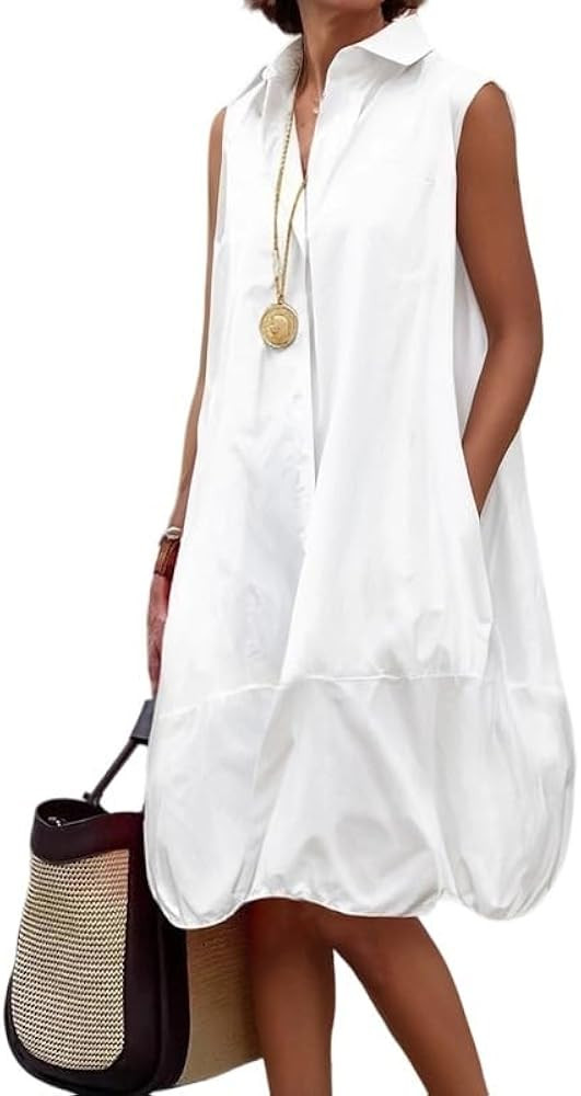 UOOZEE Women's Summer Sleeveless Button Up Shirt Dress Collar V Neck Cotton Tank Dresses with Poc... | Amazon (US)