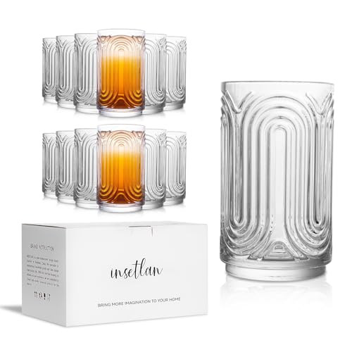INSETLAN Set of 12 Vintage Glassware - 14 oz Water Drinking Glasses, Art Deco Ripple Glass Cup, Cocktail Glasses, for Bar Beverages, Iced Coffee, Juice, Housewarming Presents, New House Essentials | Amazon (US)