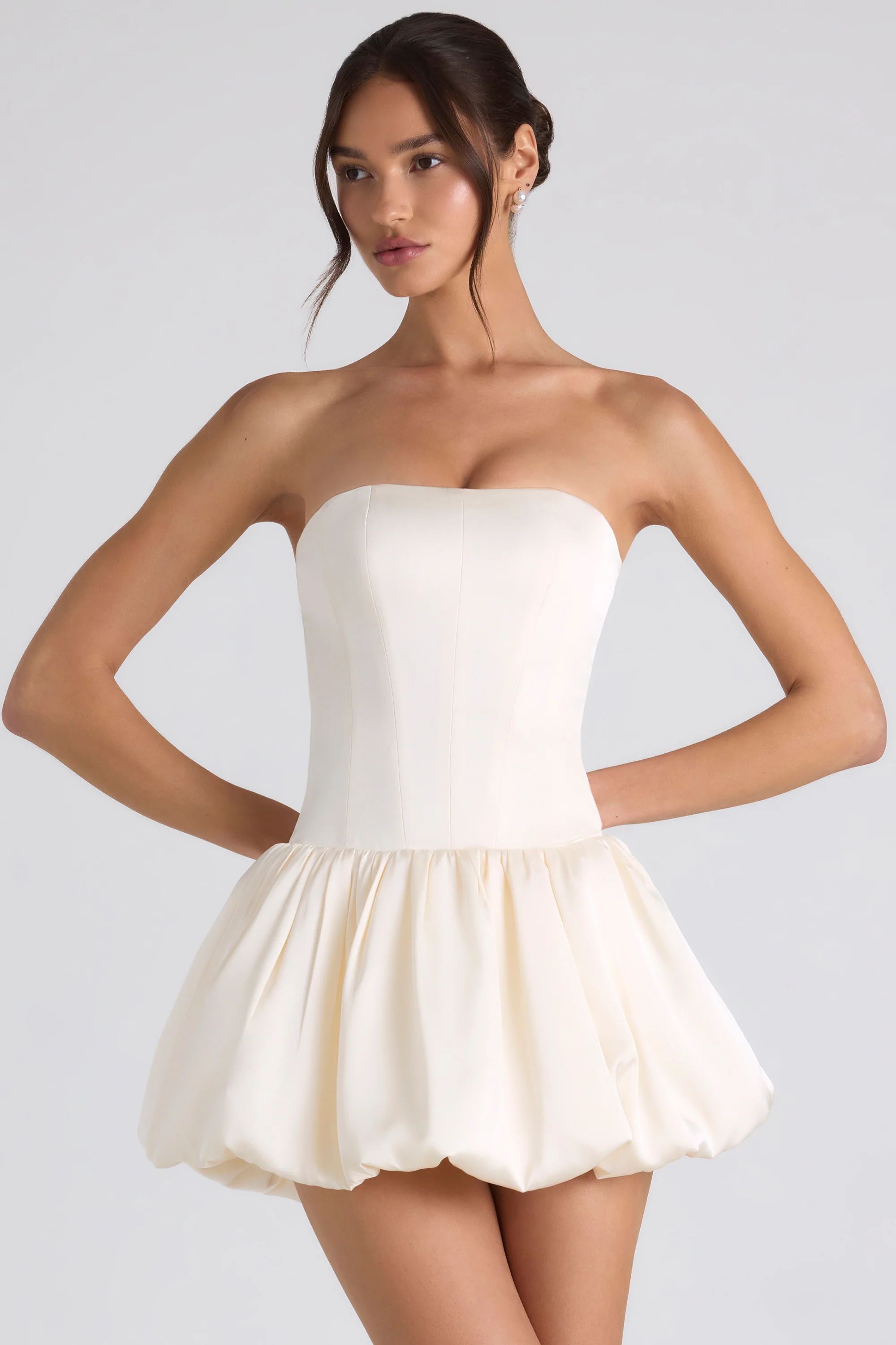 Lace-Up Bubble Hem Corset Mini Dress in Ivory | Oh Polly