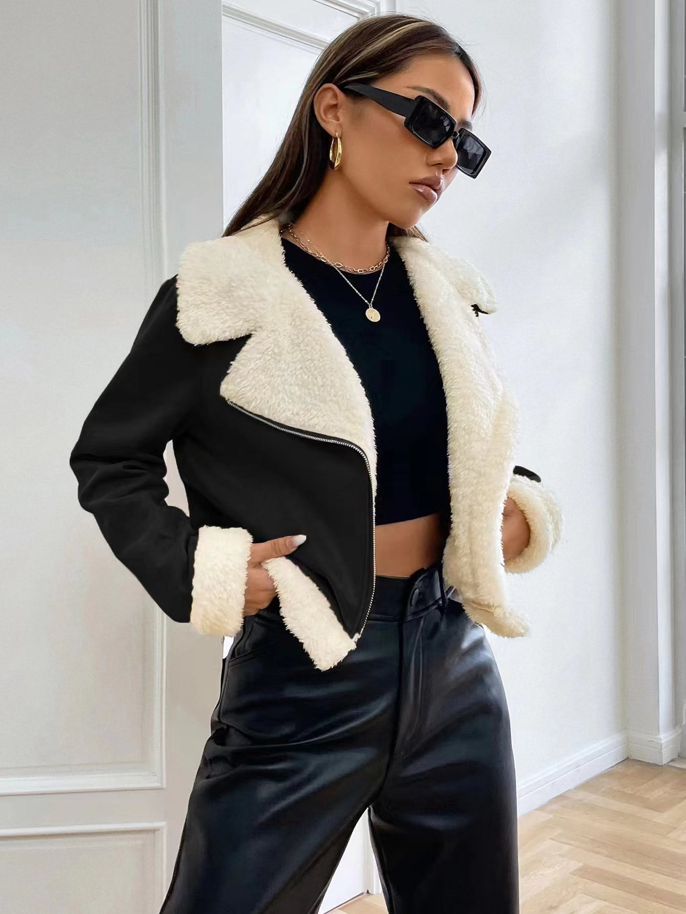 SHEIN EZwear Teddy Lined Open Front Suedette Moto Jacket | SHEIN