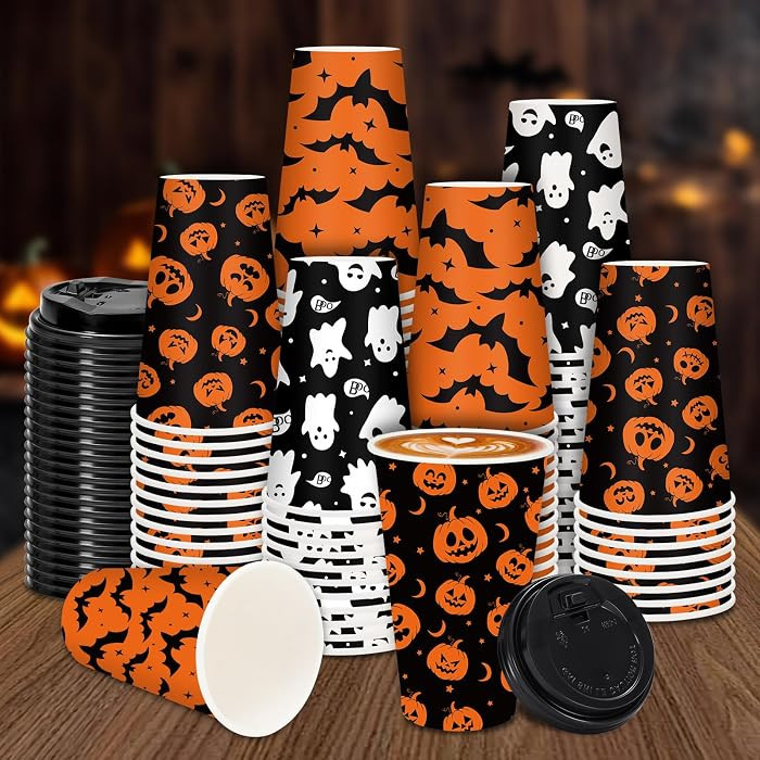 JarThenaAMCS 72 Set Halloween Disposable Coffee Cups with Lids 12oz Black Orange Pumpkin Ghost Ba... | Amazon (US)