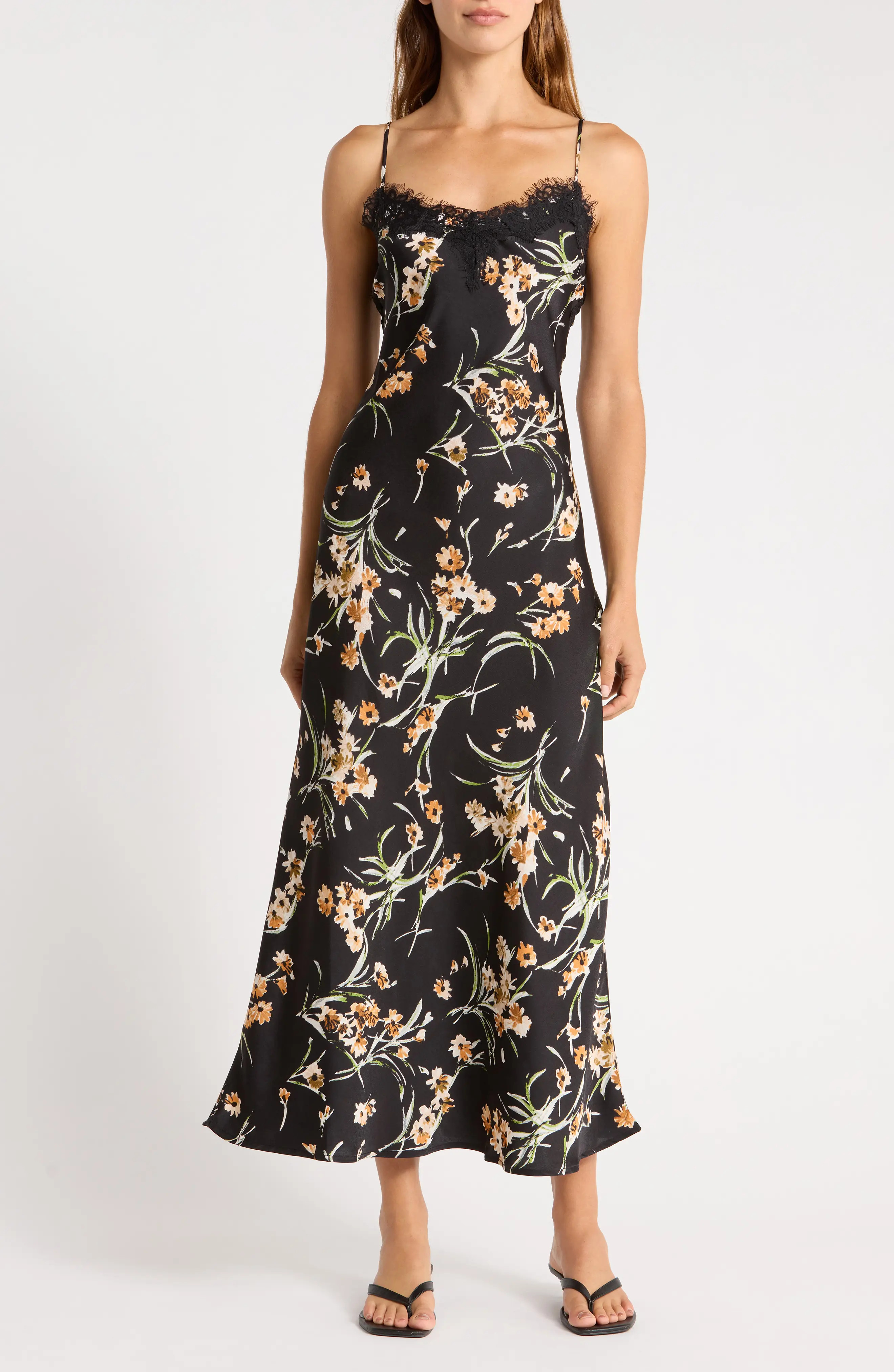 Socialite Lace Trim Satin Midi Dress in Black/Golden at Nordstrom, Size Large | Nordstrom
