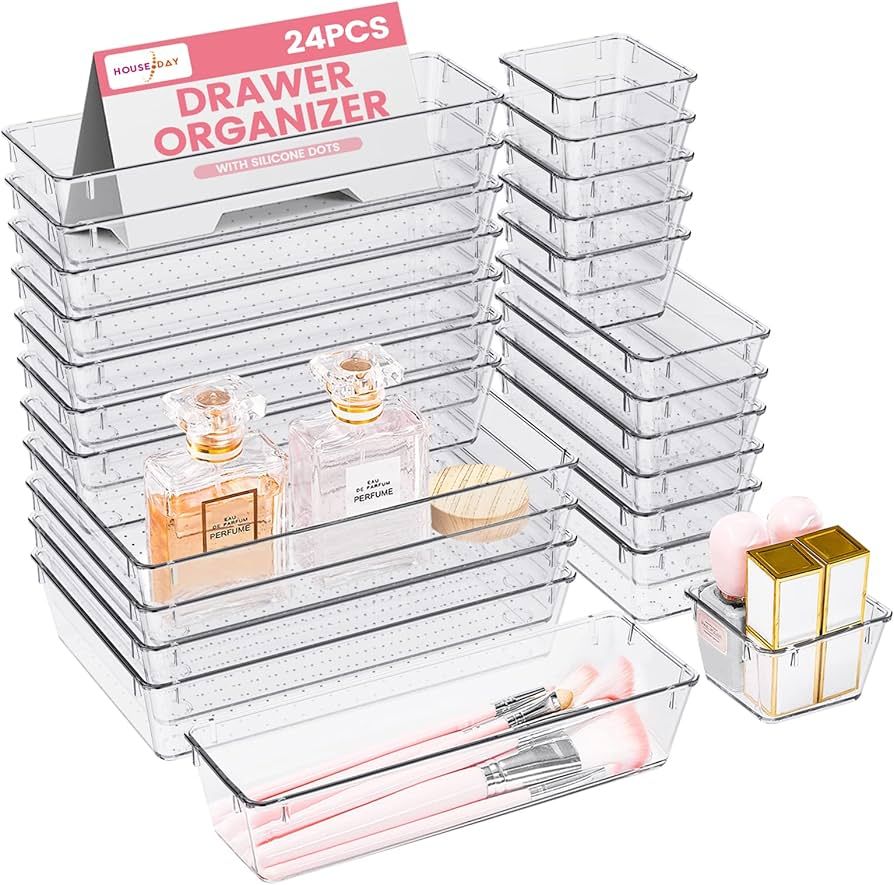 HOUSE DAY Makeup Drawer Organizer Trays 24 PCS, 4-Size Clear Drawer Organizers with Silicone Pads... | Amazon (US)