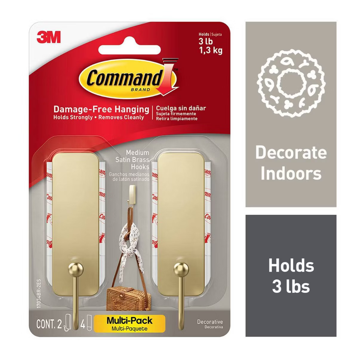 Command 2pk Medium Satin Brass Damage-Free Hooks | Target