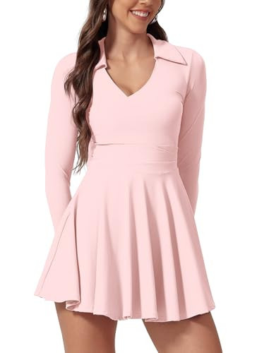 ABOCIW Womens Long Sleeve Tennis Dress Collar V Neck Wrap Athletic Dress with Shorts Workout Golf Active Exercise Dresses with Pocket Pink S | Amazon (US)