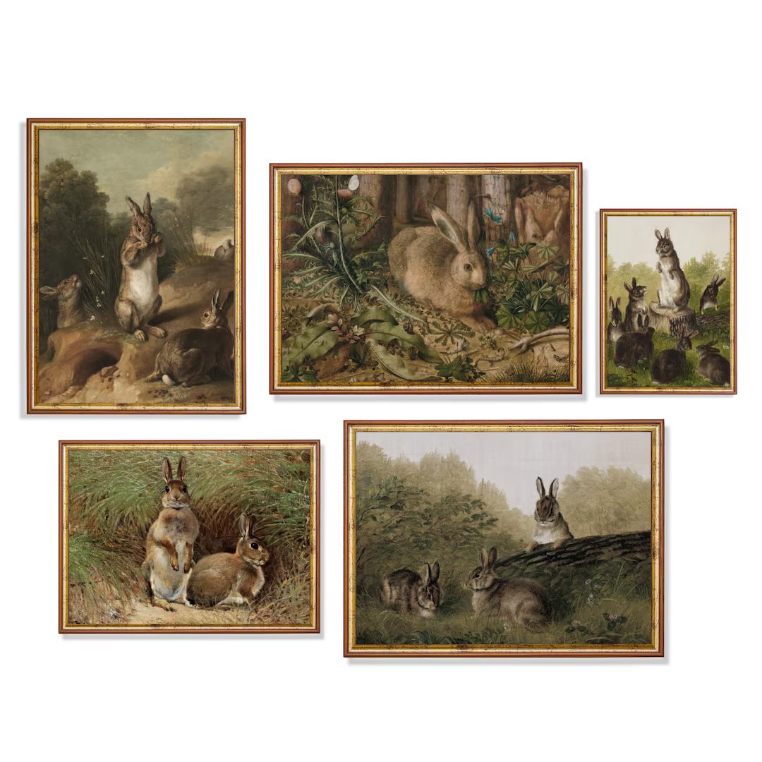 Vintage Gallery Wall | Set of 5 Prints | Antique Rabbit Painting | Bunnies Print | Digital Downlo... | Etsy (US)