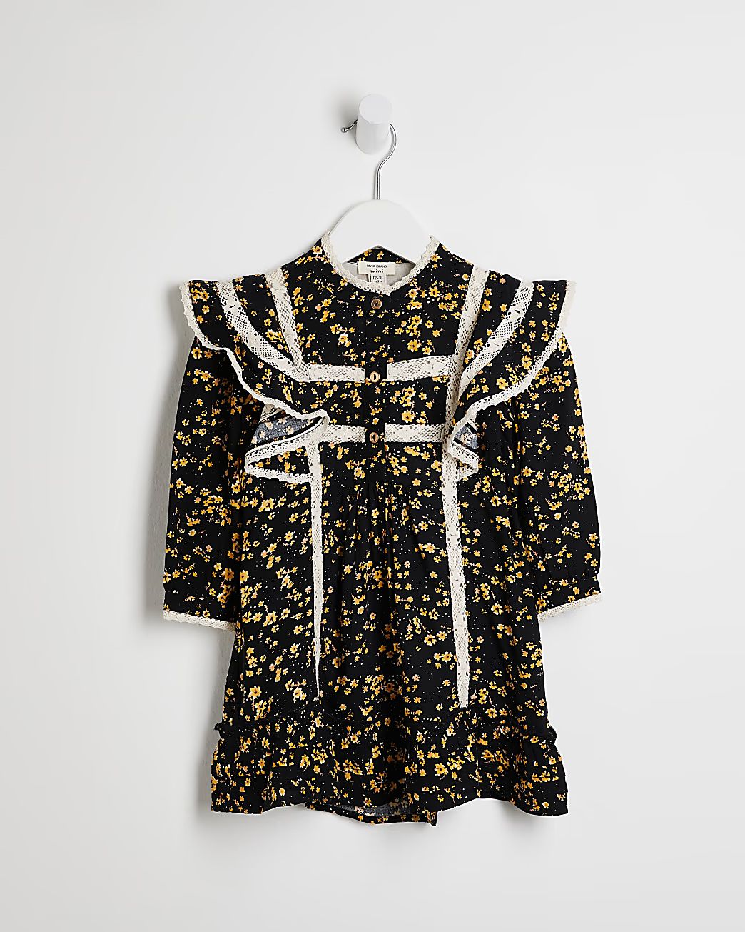 River Island Mini girls black floral frill hem shirt dress | River Island (US)