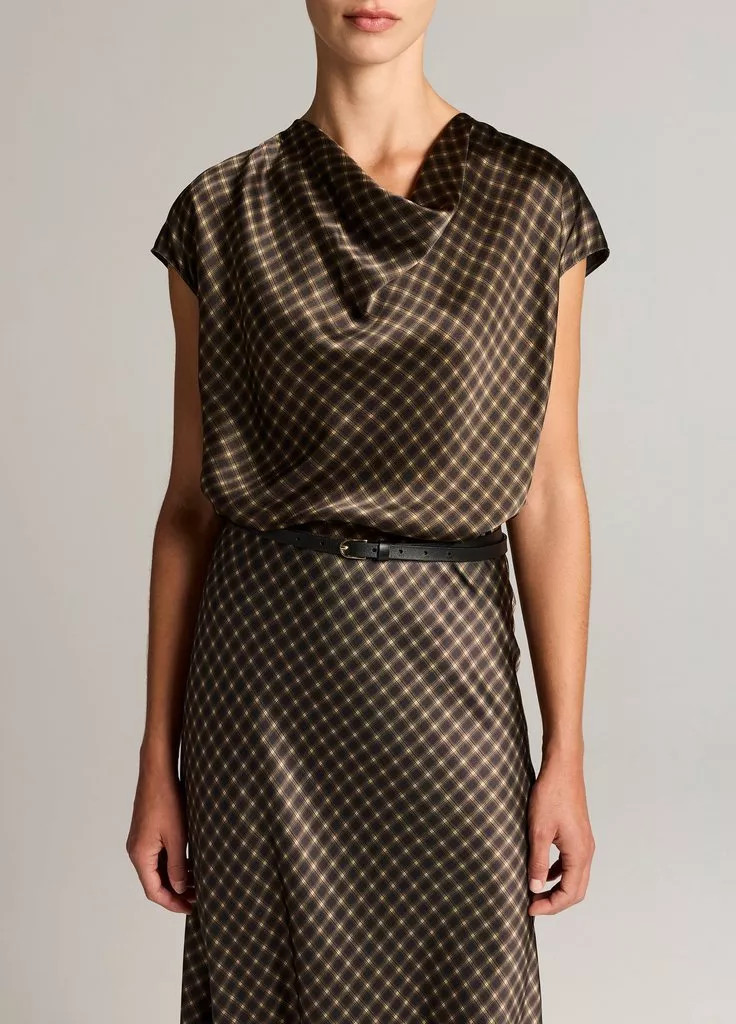 Women's Ombré Plaid Silk Satin Cowl-Neck Blouse, Black Rose/oak Buff, Size XS Vince | Vince LLC