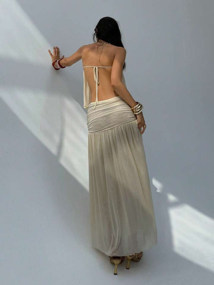 Aloruh Women's New Apricot Strapless Backless Dress, Pleated Minimal Design Long Dress, Flowy Dre... | SHEIN