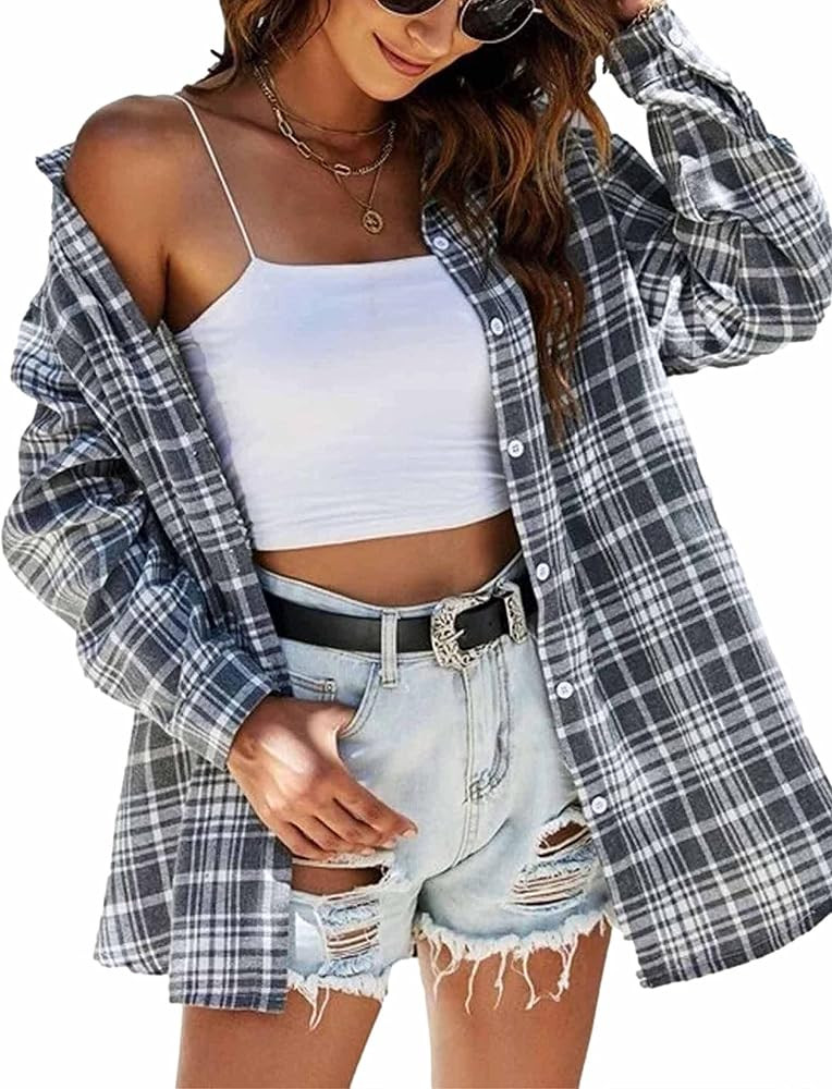 Mingzhu Plaid Flannel Button Down Shirts for Women Oversized Dressy Casual Long Sleeve Tops Blous... | Amazon (US)