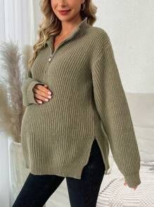 SHEIN Maternity Half Zip Drop Shoulder Split Hem Ribbed Knit Sweater | SHEIN