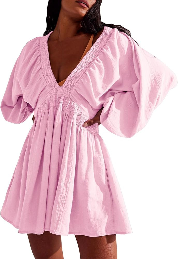 Ladyful Women's Cotton Linen Mini Dress V Neck A-Line Beach Sundress | Amazon (US)