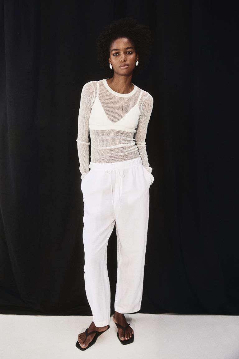 Linen-blend Tapered Pants - High waist - Ankle-length - White - Ladies | H&M US | H&M (US + CA)