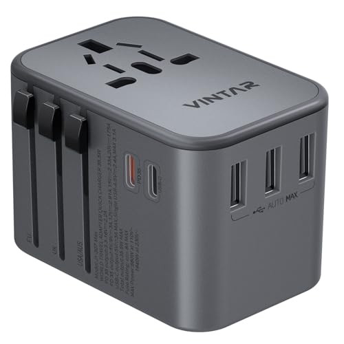 Universal Travel Adapter, VINTAR 35.5W International Power Adapter with 3 USB A QC and 2 USB C PD, All in One Plug Adapter Worldwide Travel Essentials for EU/UK/USA/AUS(Type C/G/A/I), Silver | Amazon (US)