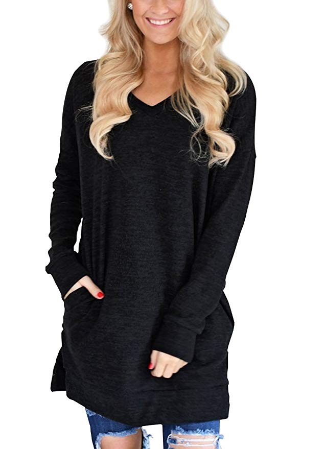 XUERRY Womens Casual V-Neck Long Sleeves Pocket Solid Color Sweatshirt Tunics Blouse Tops | Amazon (US)