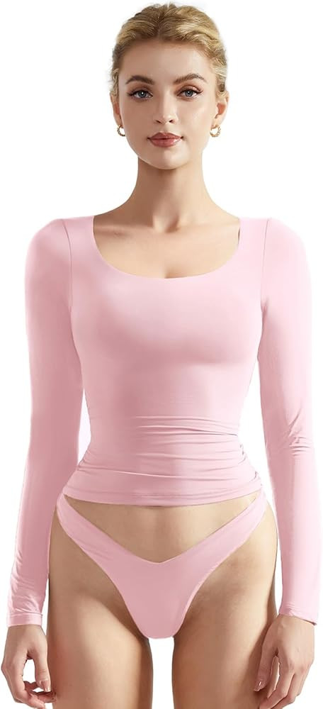 SUUKSESS Women Double Lined Fitted Basic T Shirts Scoop Neck Long Sleeve Crop Top | Amazon (US)