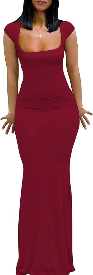 Womens Summer Cap Sleeve Square Neck Elegant Casual Lounge Bodycon Slim Maxi Evening Party Long D... | Amazon (US)