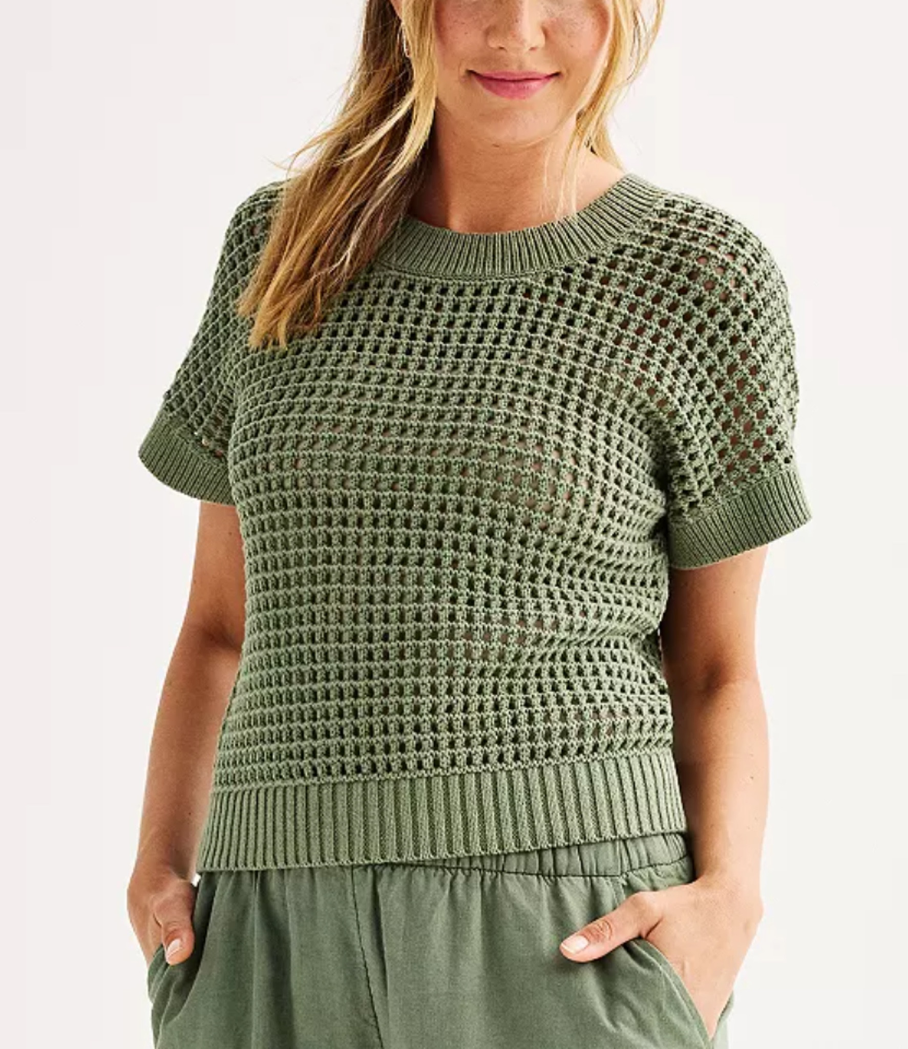 Sonoma goods for life short sleeve open stitch dolman sweater in ‘dark Jungle’ from Kohls
Moss Green 
House of colour / Autumn 

#LTKStyleTip #LTKSummerSales
