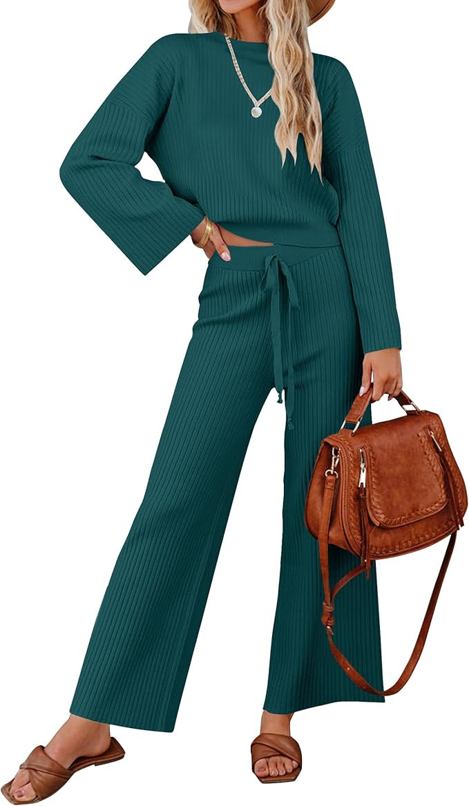 ZESICA Women's 2 Piece Outfits Set 2023 Casual Long Sleeve Knit Pullover Top and Wide Leg Pants S... | Amazon (US)