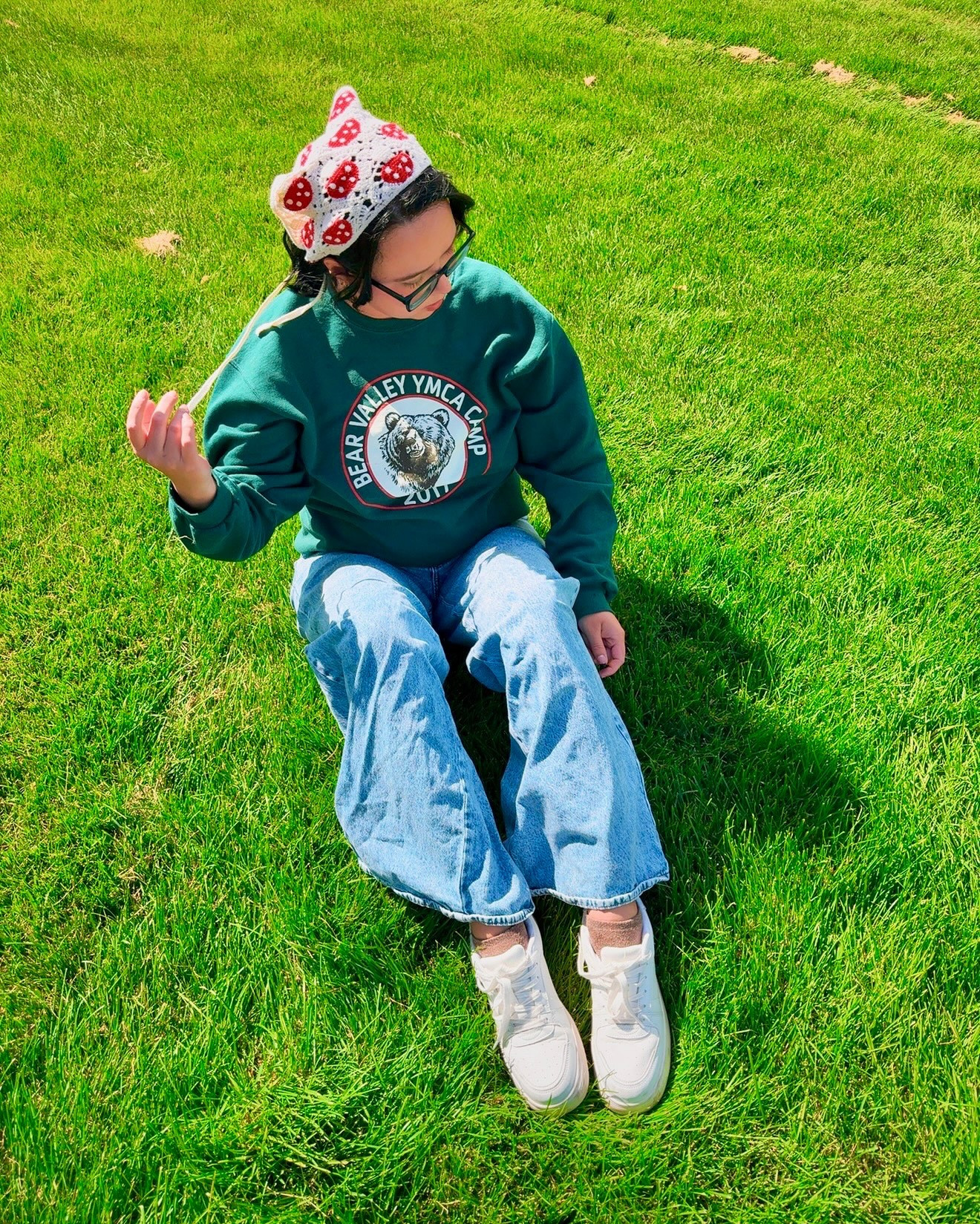a series of events - 

I will say this sweater is thrifted (and it’s super comfy) I have not been to bear valley ymca camp. Especially not in 2011 

mushroom bandana: @tjmaxx 
glasses: @warbyparker 
sweater: thrifted from DI
pants: @target 
socks: @tjmaxx 
shoes: @targetstyle 

also this song is unironically one of my favorites 

also also sometimes you just have to lay in the grass and simply exist 

#ootd #tjmaxxfinds #targetstyle #thriftfind #smallcontentcreator #discoverunder3k #pinterestinspo #pinterestaesthetic #pinterestgirl #summeroutfits #summertime #summervibe #summermood