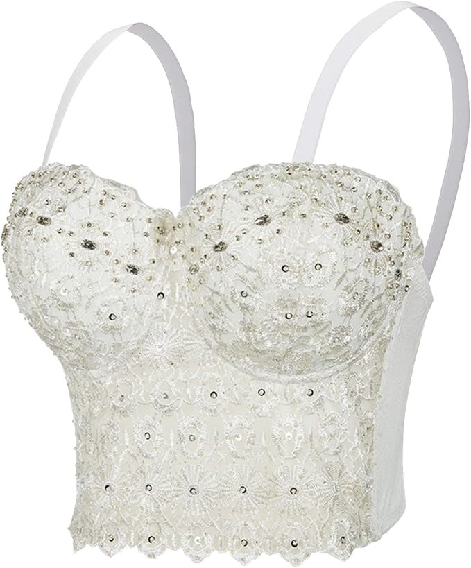 Women's Lace Rhinestone Bustier corset Wedding Party Crop Top Bra Vest | Amazon (US)