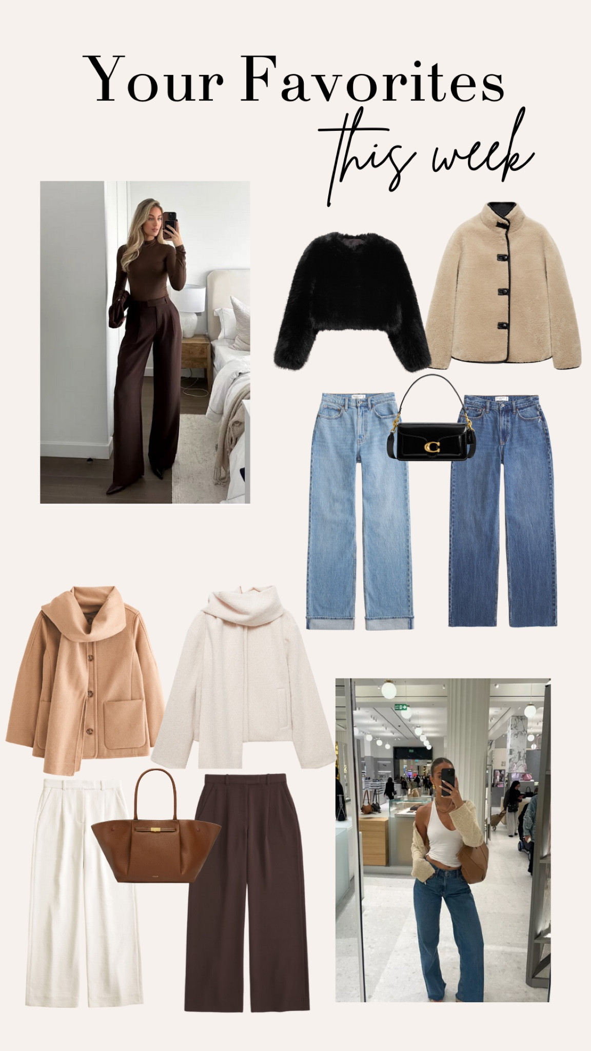 Winter Fashion, Cozy Essentials, Chic Outerwear, Stylish Trousers, Classic Wardrobe Pieces, High Rise Loose Jean, Fur-Effect Coat, Removable Scarf Wool-Blend Coat, Leather Bag, High Rise Relaxed Jean, Ultra-Wide Leg Pant, Coach Tabby, Abercrombie & Fitch, Mango, DeMellier

#LTKwinter #LTKstyletip #LTKuk