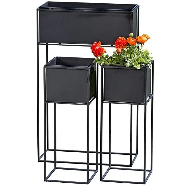 Modernist Architectural Planters, Set of 3, Cache Pot Boxes and Rectangle, Plus Stands, Black, Ir... | Walmart (US)