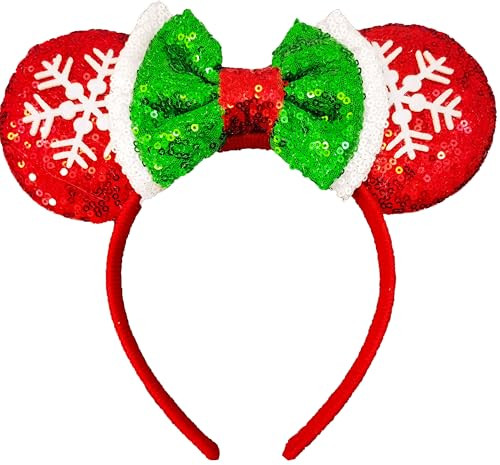 XINXIYAN Mouse Ears Christmas Headbands for Women Glitter Sequin Mouse Ears Bow Headband Birthday Party Princess Decoration (Red snow) | Amazon (US)