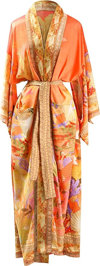 Generic Silk Kimono Long Robe Mermaid Beach Cover Up Boho Tulum Beach Cover Up Free Size Orange O... | Amazon (US)