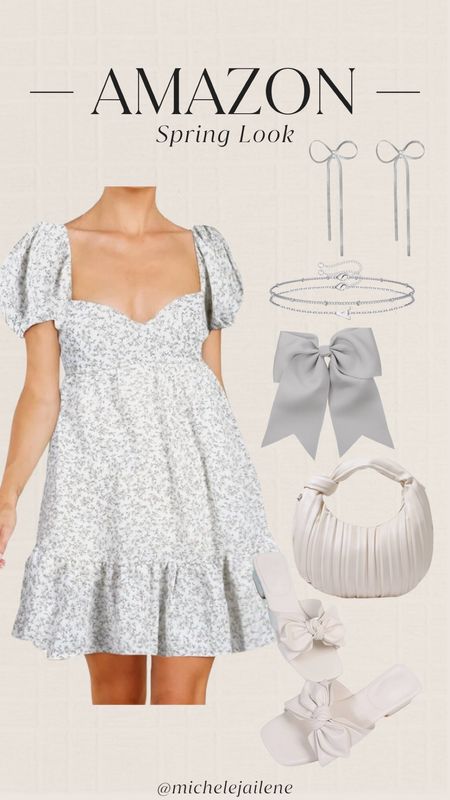 AMAZON- Spring Look

Mini dress, short sleeved dress, puffy sleeve dress, ruffle bottom tier dress, sweet heart neckline, grey and white floral dress, grey hair bow clip, hair bow clip, neutral florals, white handbag, low heel, white heel, bow heels, small heel, silver jewelry, silver earrings, bow earrings, initial bracelet, croquette look, girly outfit, spring outfit, spring dress, dressy look, vacation look, date night look



#LTKfindsunder100 #LTKstyletip #LTKfindsunder50